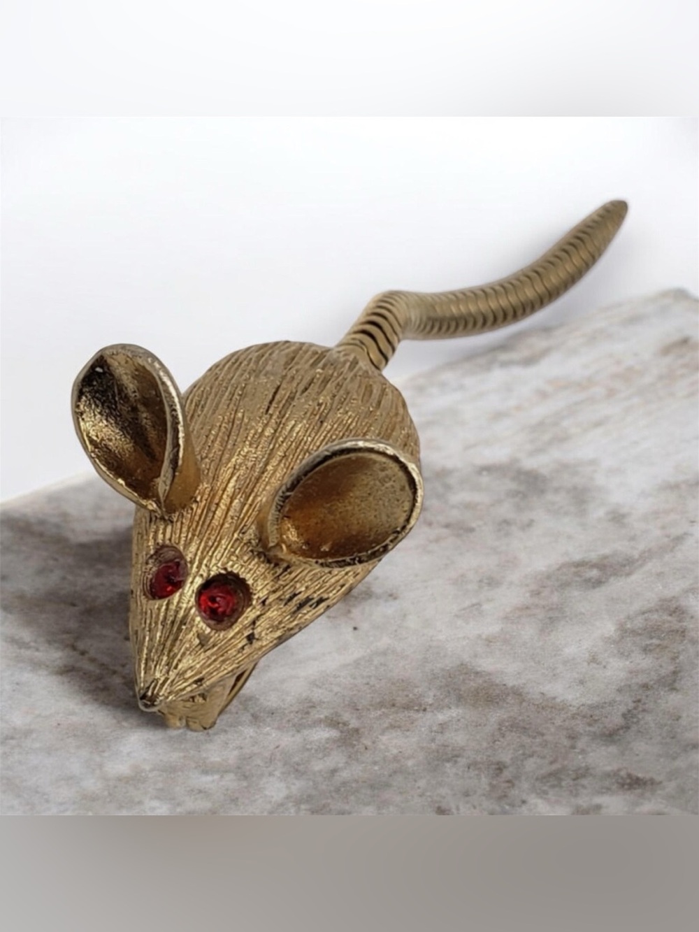 Vintage Mouse Slinky Tail Brooch - Gold Tone - Red Stone Eyes